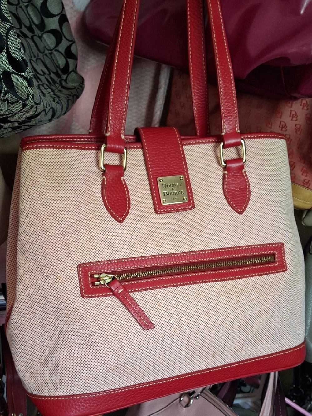LN DOONEY BOURKE LARGE SHOULDER BAG RED WHITE CANVAS LEATHER